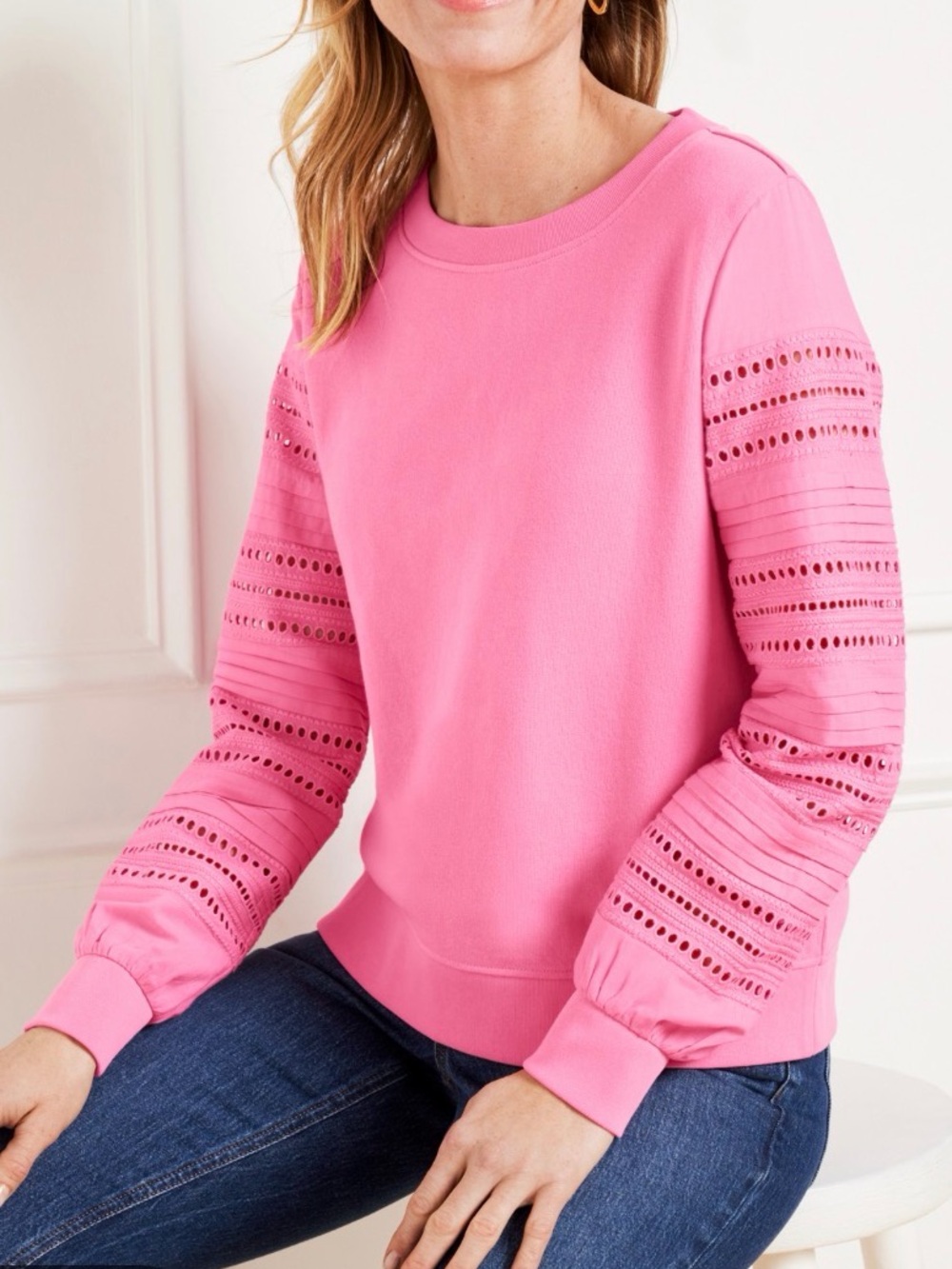 Talbots Pink Eyelet Crewneck Sweatshirt Lightweight Cotton Large Preppy